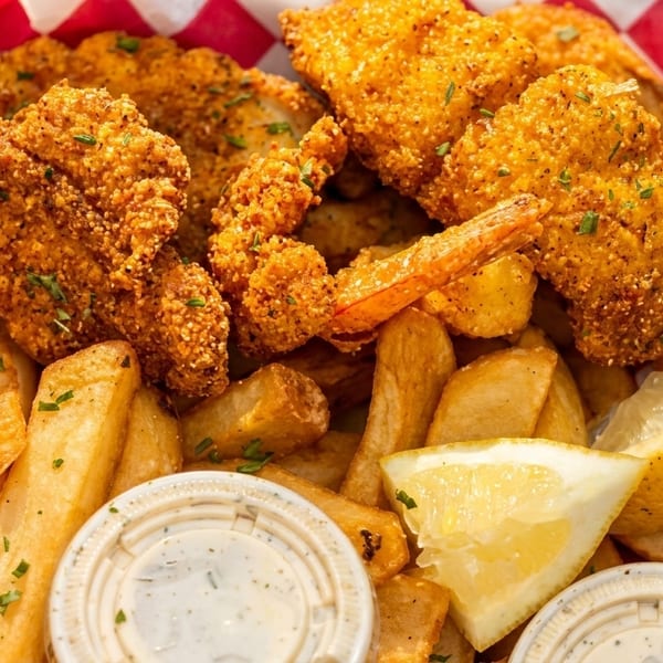 Crispy fried shrimp and fish with thick-cut fries, lemon wedges, and tartar sauce in a red checkered basket.