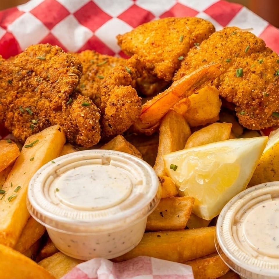 Crispy fried shrimp and french fries in a take-out container with lemon wedges and dipping sauces.