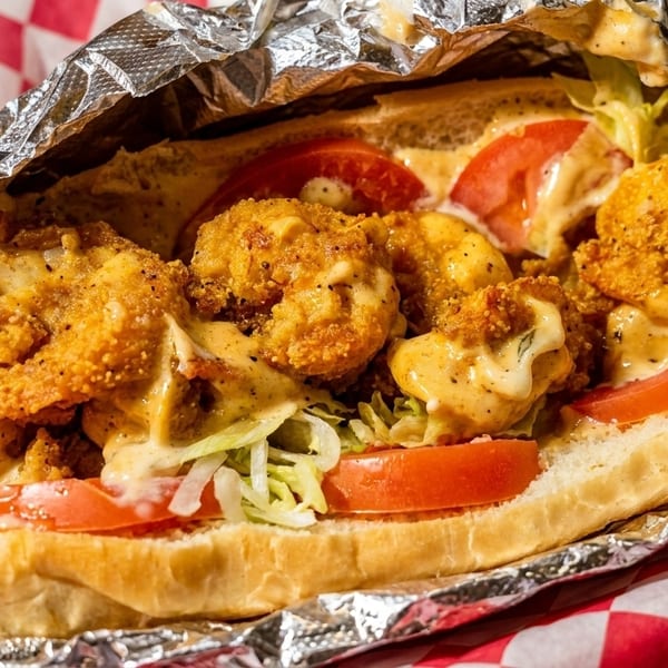 A close-up of a shrimp po'boy sandwich with lettuce, tomatoes, and sauce, wrapped in foil.