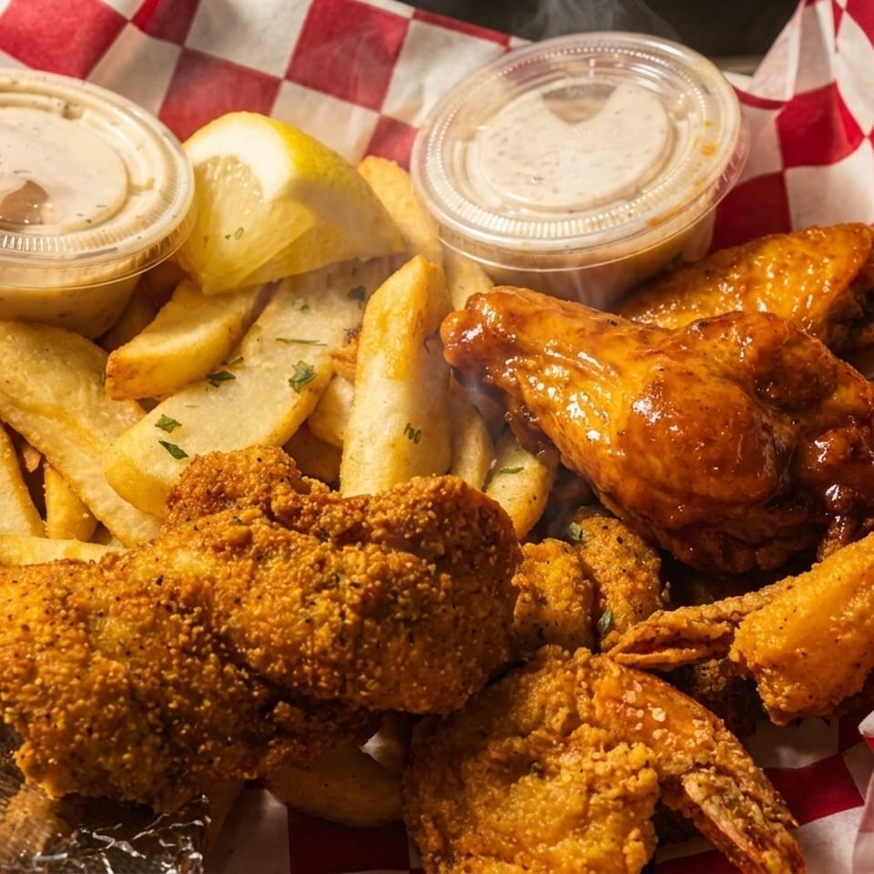 Steaming hot fried chicken, shrimp, and fries with dipping sauces and lemon in a red checkered basket.