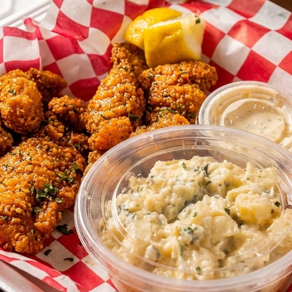 Crispy fried chicken pieces, potato salad, and two dipping sauces in a takeout container with red checkered paper.